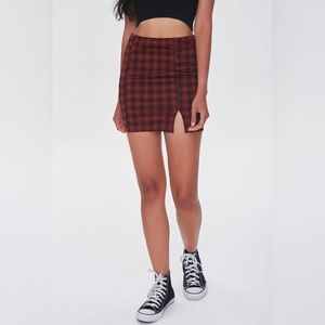 Red Plaid Slit Mini Skirt